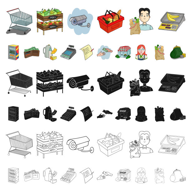 超市和设备卡通图标设置图片下载