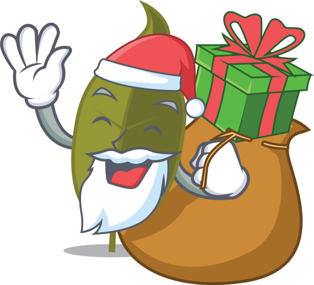圣诞老人用月桂叶做礼物的卡通吉祥物图片下载