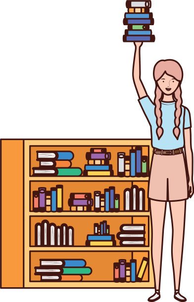 女人站在书架上，放着木头和书图片下载