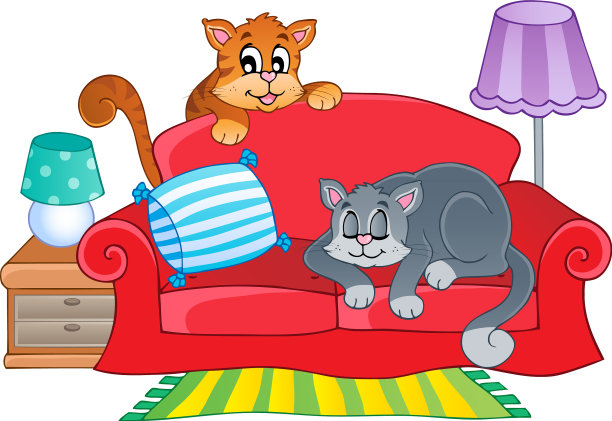 红色的沙发和两只卡通猫图片下载