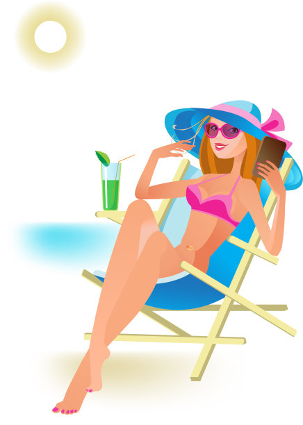 女孩在海滩上晒太阳喝着鸡尾酒图片下载