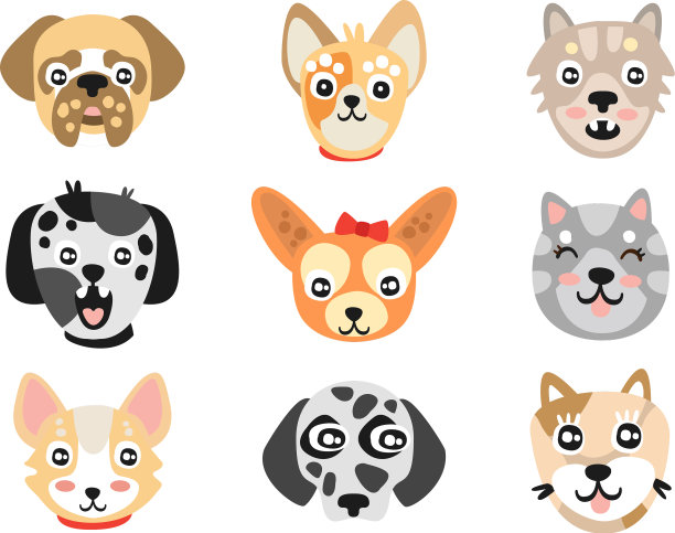 一套可爱的卡通狗头色彩缤纷的性格图片下载