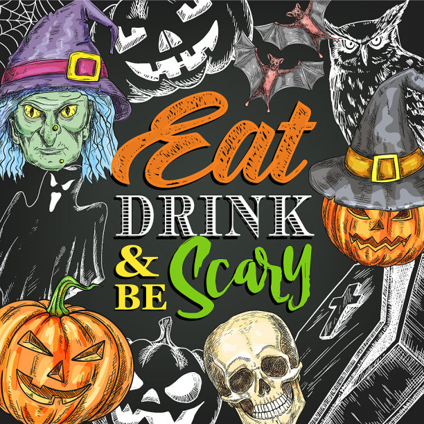 万圣节夜派对怪物素描海报图片下载