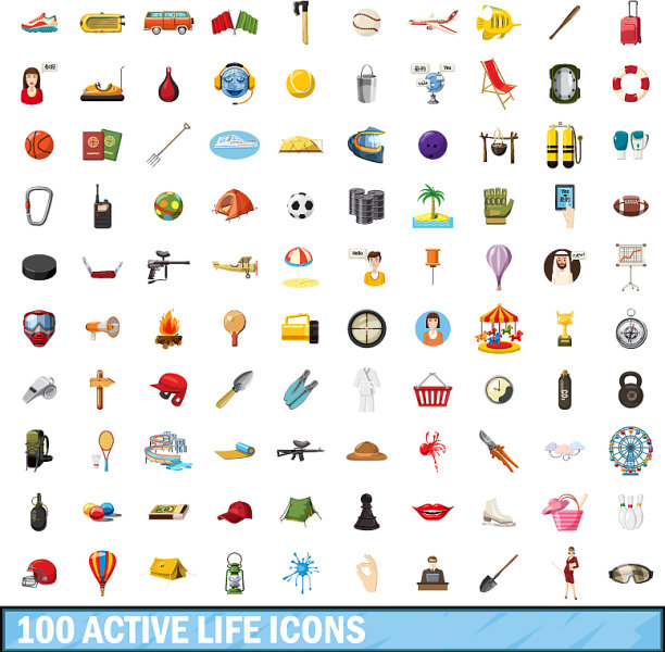 100个活跃生活图标设置卡通风格图片下载