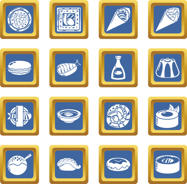 日本食物图标设置蓝色方块图片下载