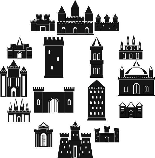 塔和城堡图标设置简单的风格图片下载