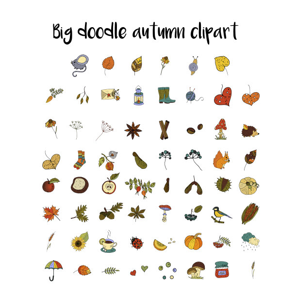 大套手绘独特的秋季图标图片下载