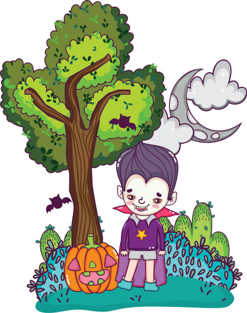 男孩吸血鬼服装和快乐的南瓜图片下载