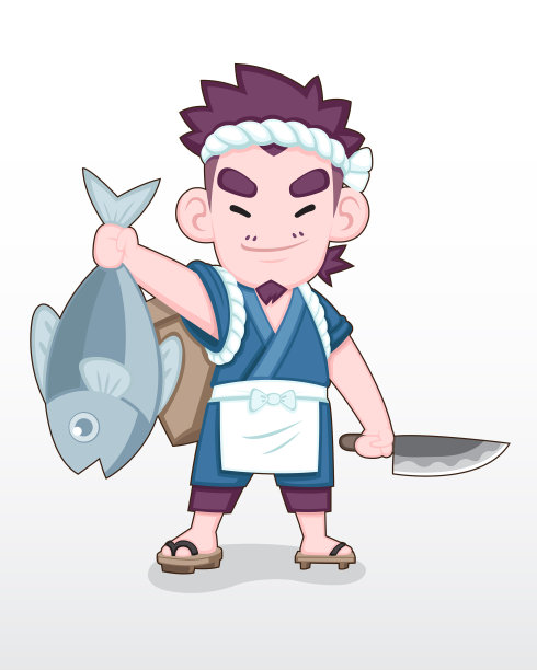可爱风格的日本渔民与大海洋鱼图片下载
