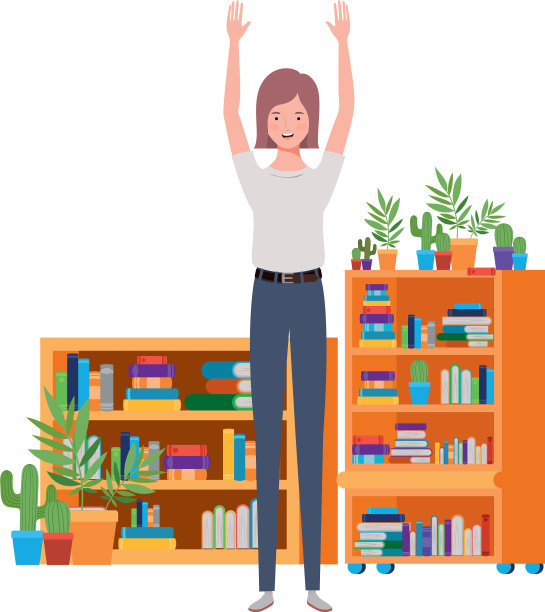 女人站在书架上，放着木头和书图片下载