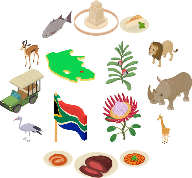 南非旅游图标设置等距风格图片下载