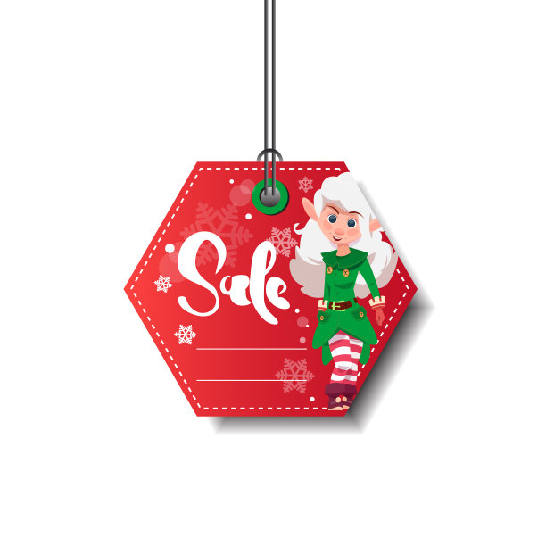 红色新年销售标签与精灵女孩孤立图片下载