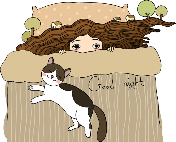 女孩和猫晚安，做个好梦图片下载