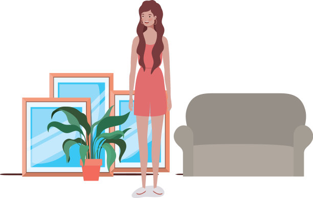 年轻女子站在白色背景的沙发上图片下载