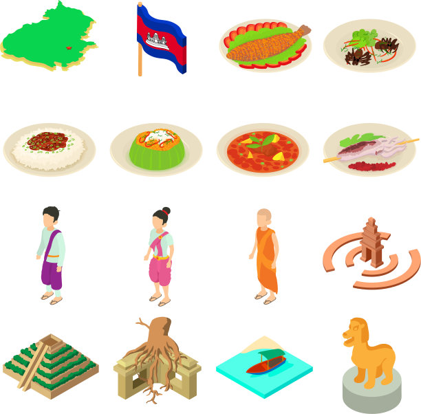 柬埔寨旅游图标设置等距风格图片下载