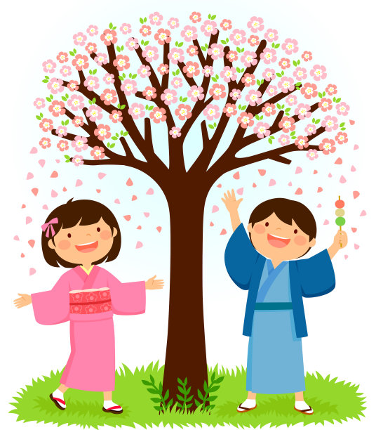穿着和服的孩子们站在樱花树下图片下载