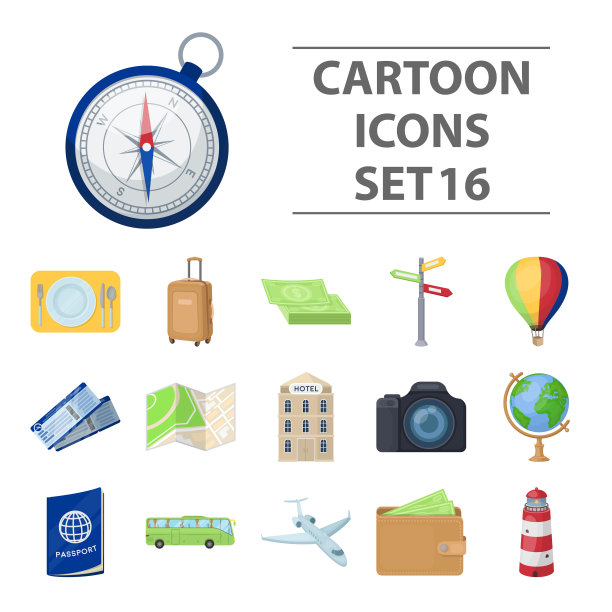 休息和旅行设置图标卡通风格大图片下载