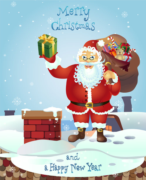 圣诞老人在屋顶上拿着一袋圣诞礼物图片下载