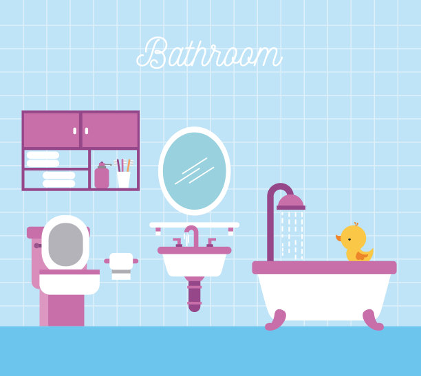 浴室，浴室，淋浴，卫生纸，橱柜和鸭子图片下载