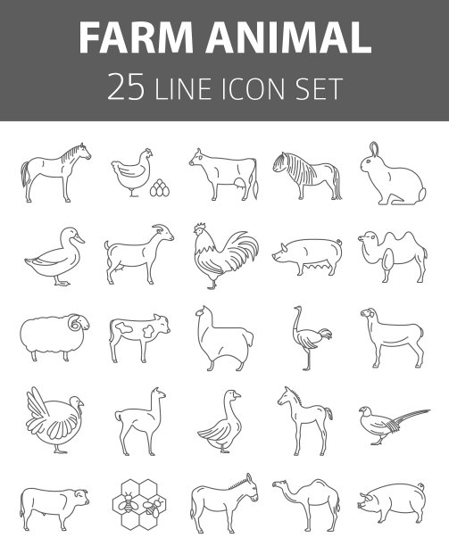 农场动物细线收集25个图标设置平图片下载