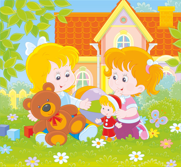 小女孩们在屋前的草坪上玩耍图片下载