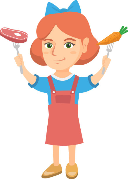 白人女孩拿着新鲜胡萝卜和牛排图片下载