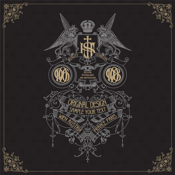 带有狮鹫和花卉装饰的老式卡片图片下载