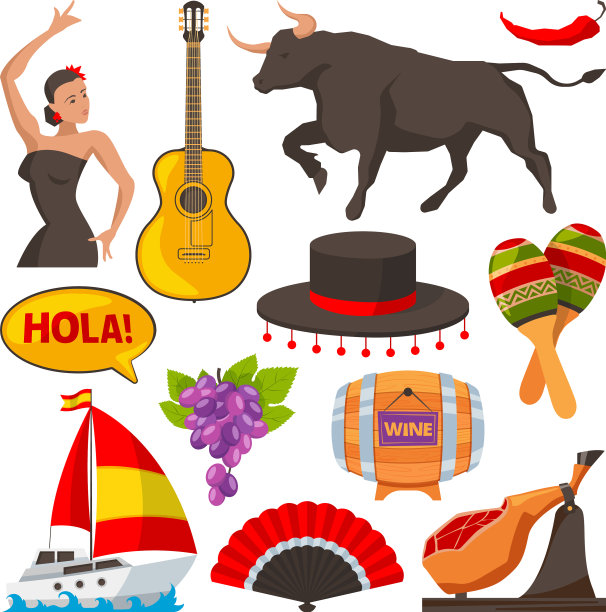 旅游图片的西班牙文化物品卡通图片下载
