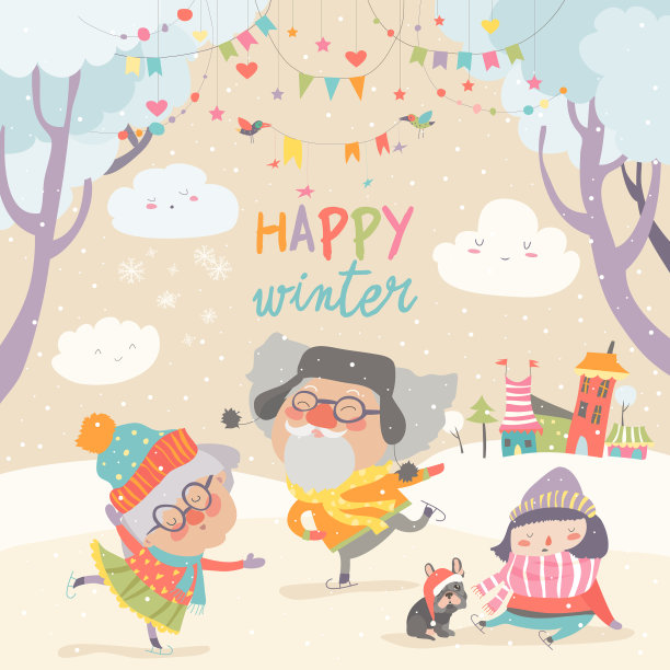 一对快乐的老两口带着孙女滑冰图片下载