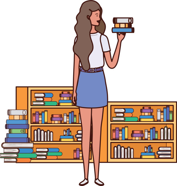 女人站在书架上，放着木头和书图片下载