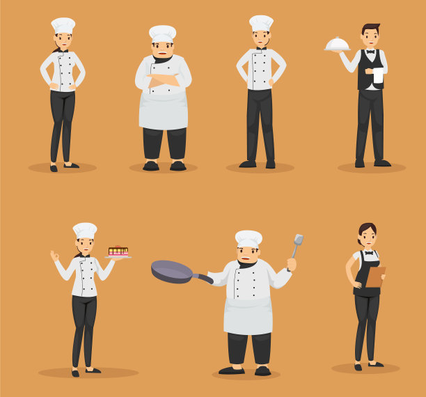 餐厅厨师和服务员的角色集图片下载
