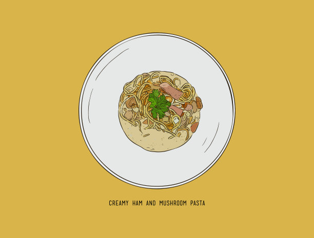 奶油火腿和蘑菇意面手绘草图图片下载