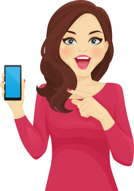 惊讶的女人指着电话图片下载