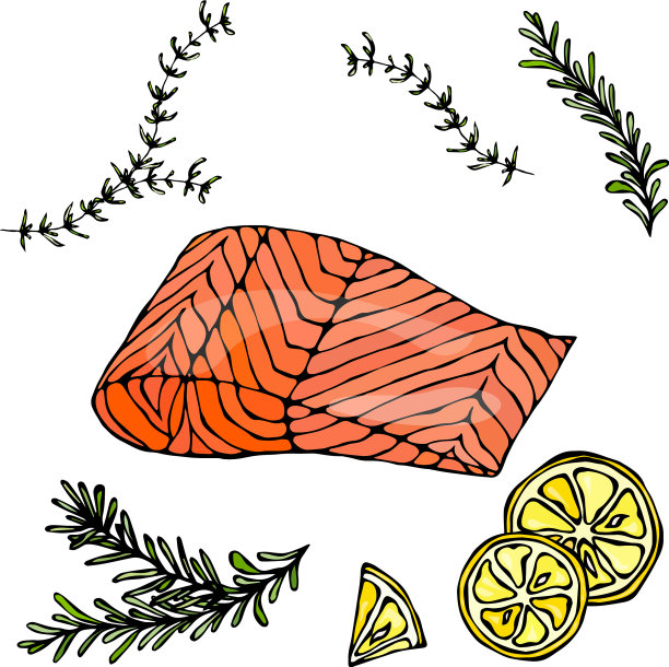 红鱼、三文鱼、柠檬和香草的牛排图片图片下载