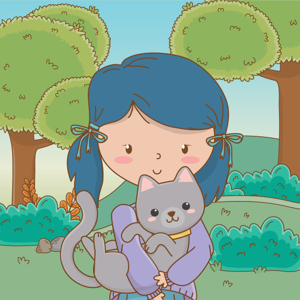 女孩与猫卡通设计图片下载