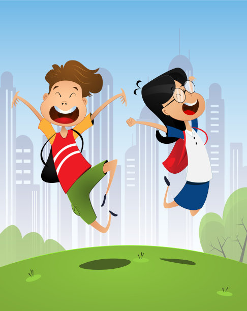 两个快乐的卡通学生男孩和女孩图片下载