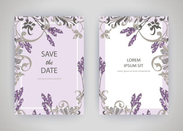 一套卡片与花薰衣草叶婚礼图片下载