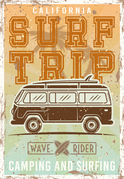冲浪彩色复古海报与巴士图片下载