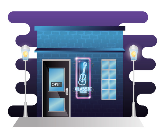 酒吧古典音乐建筑立面采用霓虹灯标识图片下载