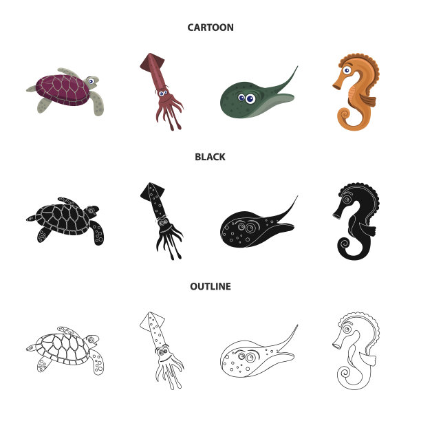 孤立对象的海洋和动物符号集图片下载