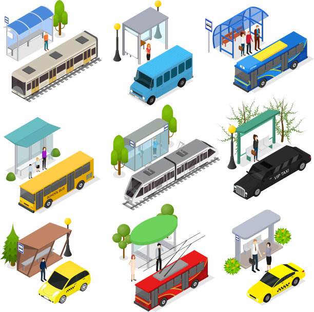 不同类型的城市公共交通3d图标集图片下载