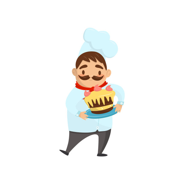 滑稽的厨师拿着盘子和美味的蛋糕图片下载