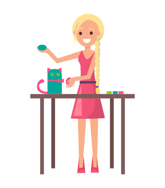 快乐的金发女孩和可爱的手工艺品小猫图片下载