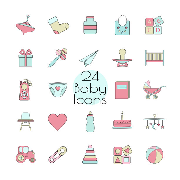 大的网络图标设置婴儿玩具喂养和照顾图片下载