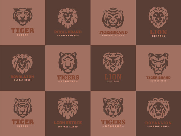 老虎和狮子的面孔标志徽章力量捕食者图片下载