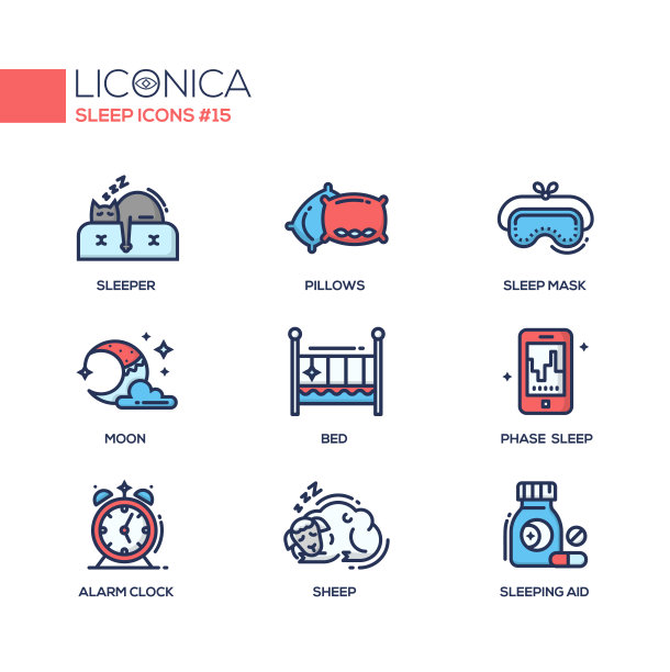 睡眠色的现代单线图标集图片下载