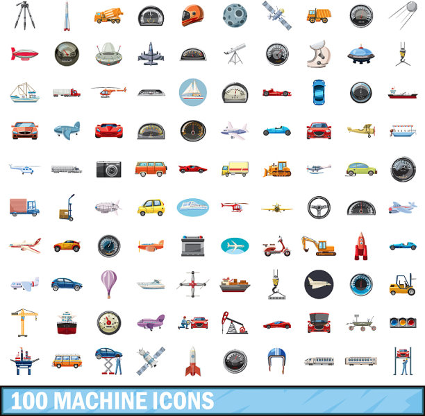 100台机器图标设置卡通风格图片下载