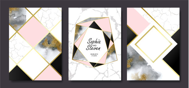 用金色和灰色大理石制作的婚礼请帖图片下载