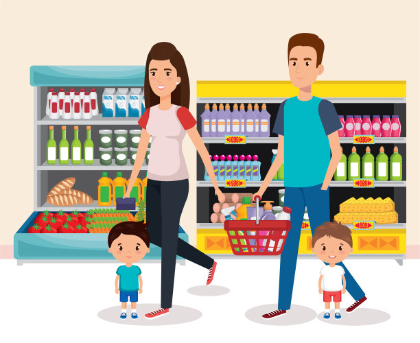 超市货架与家庭购买图片下载