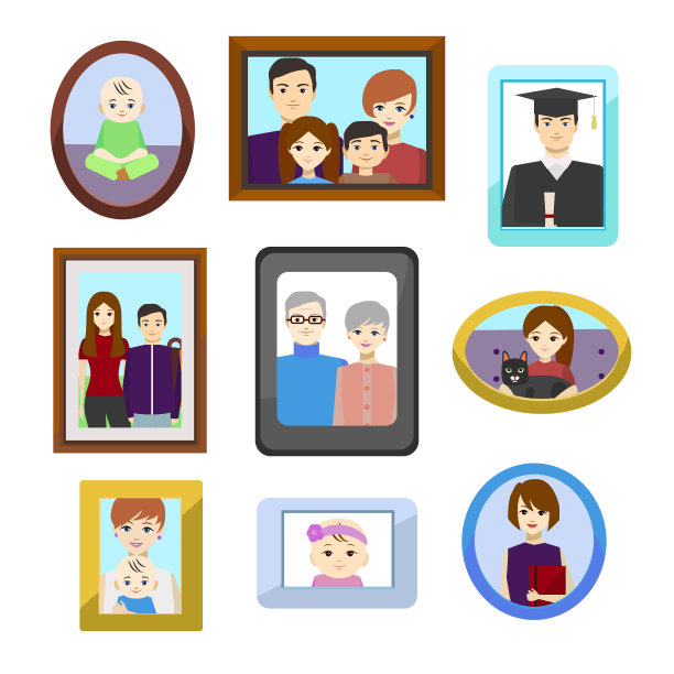 卡通家庭照片在彩色框架集图片下载